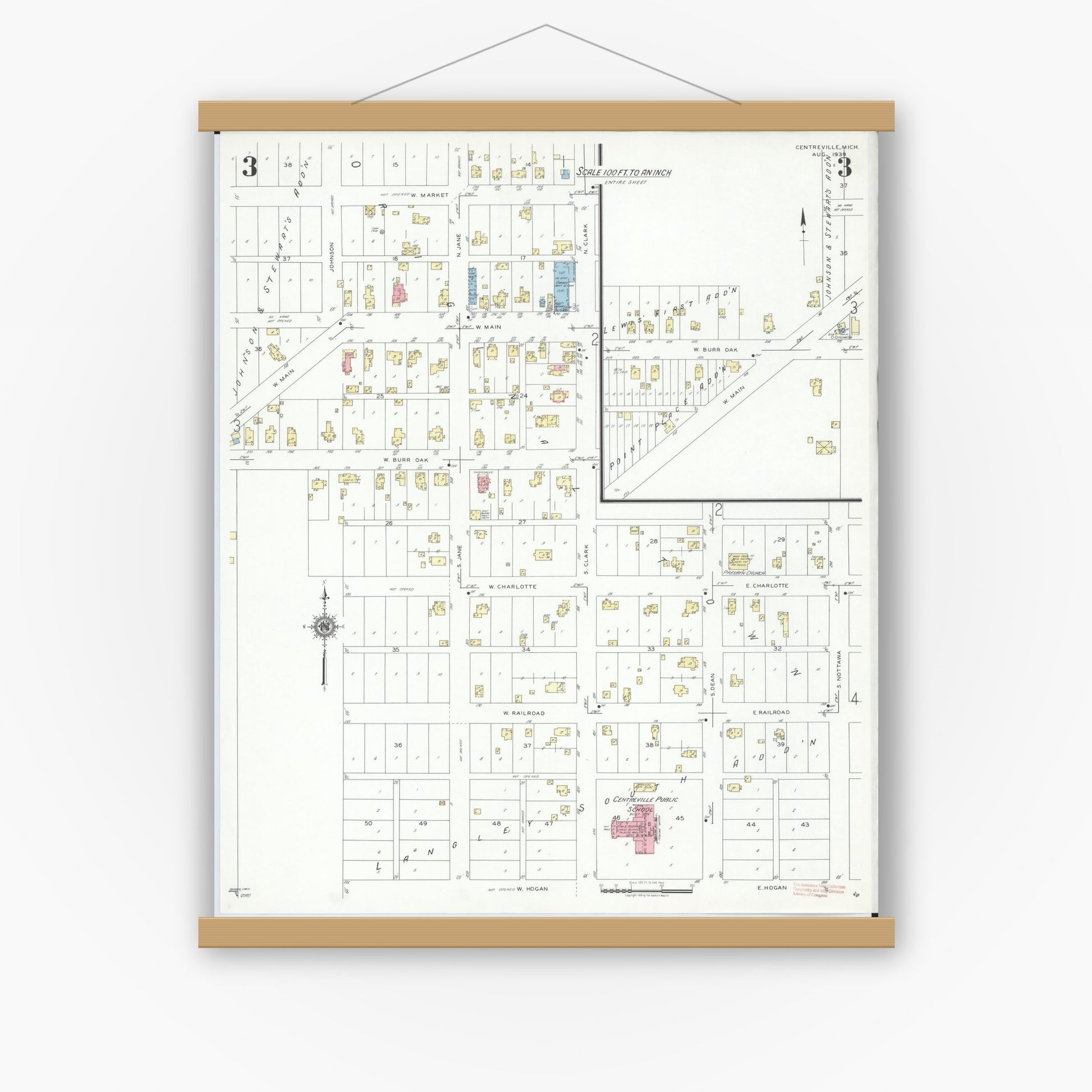 Old map wall art mockup — magnetic wood frame on white wall — Sanborn Fire Insurance Map from Centreville, Saint Joseph County, Michigan (1939), Sheet #0003
