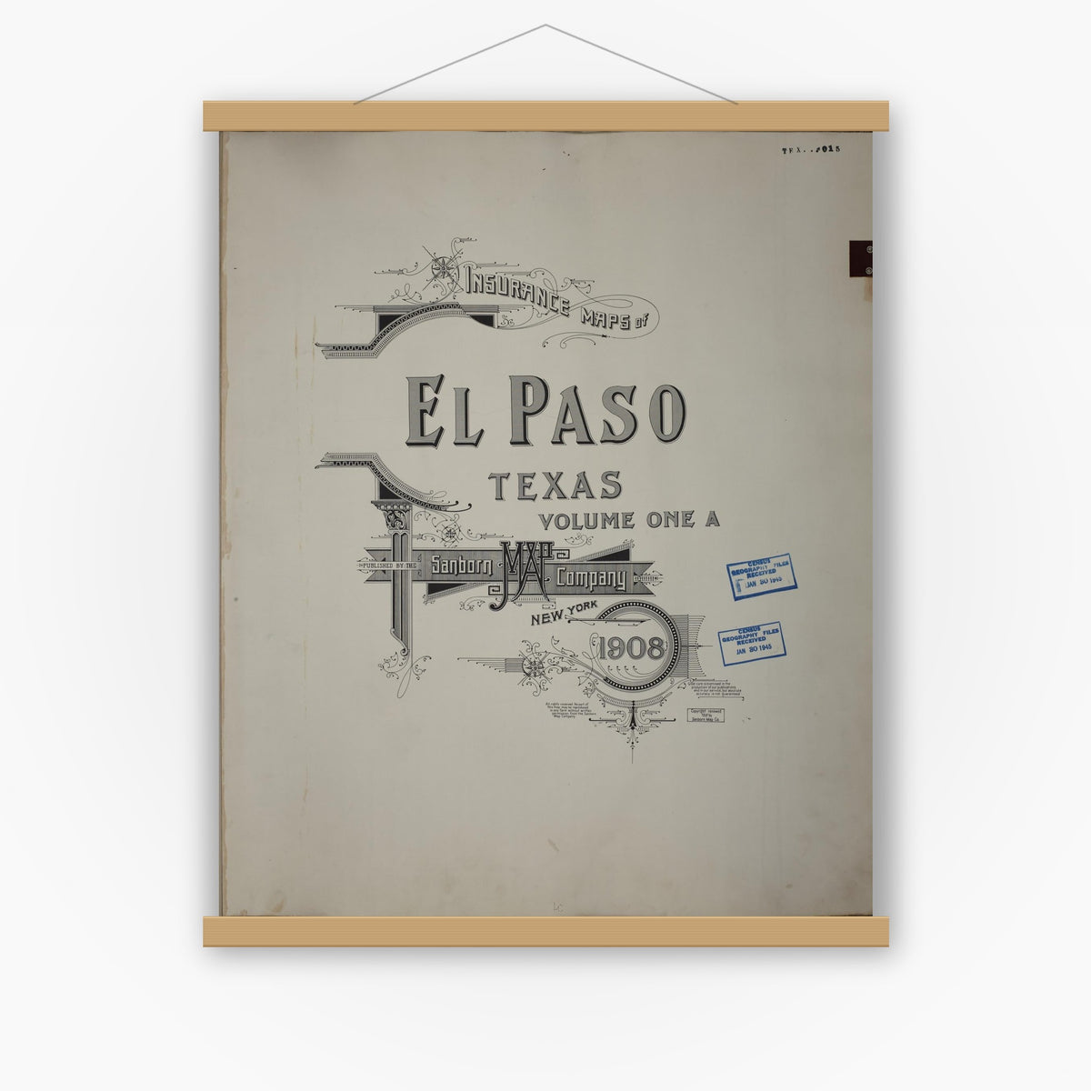 Old map wall art mockup — magnetic wood frame on white wall — Sanborn Fire Insurance Map from El Paso, El Paso County, Texas (1952), Sheet #0001