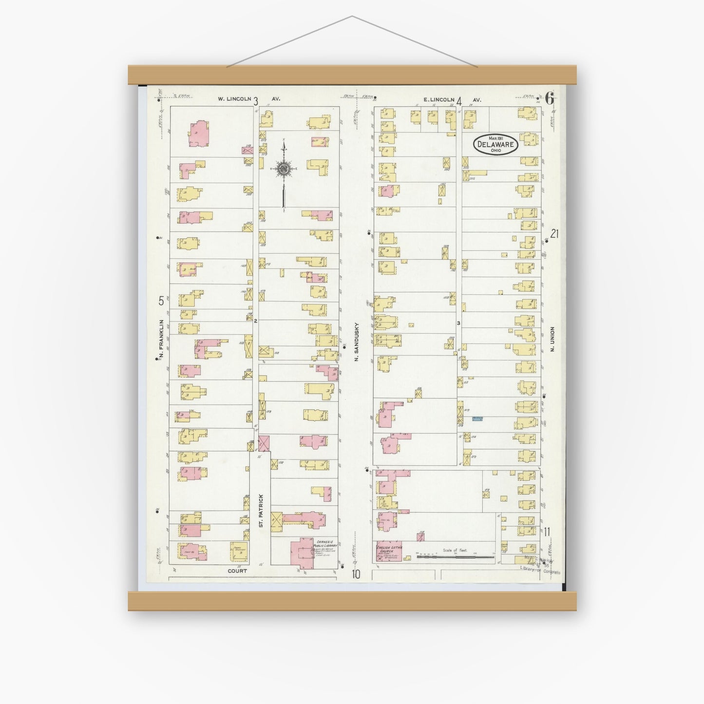 Old map wall art mockup — magnetic wood frame on white wall — Sanborn Fire Insurance Map from Delaware, Delaware County, Ohio (1911), Sheet #0006