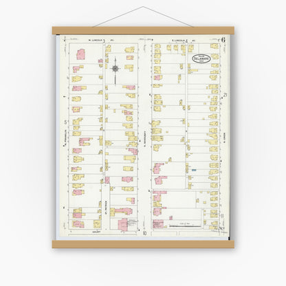 Old map wall art mockup — magnetic wood frame on white wall — Sanborn Fire Insurance Map from Delaware, Delaware County, Ohio (1911), Sheet #0006