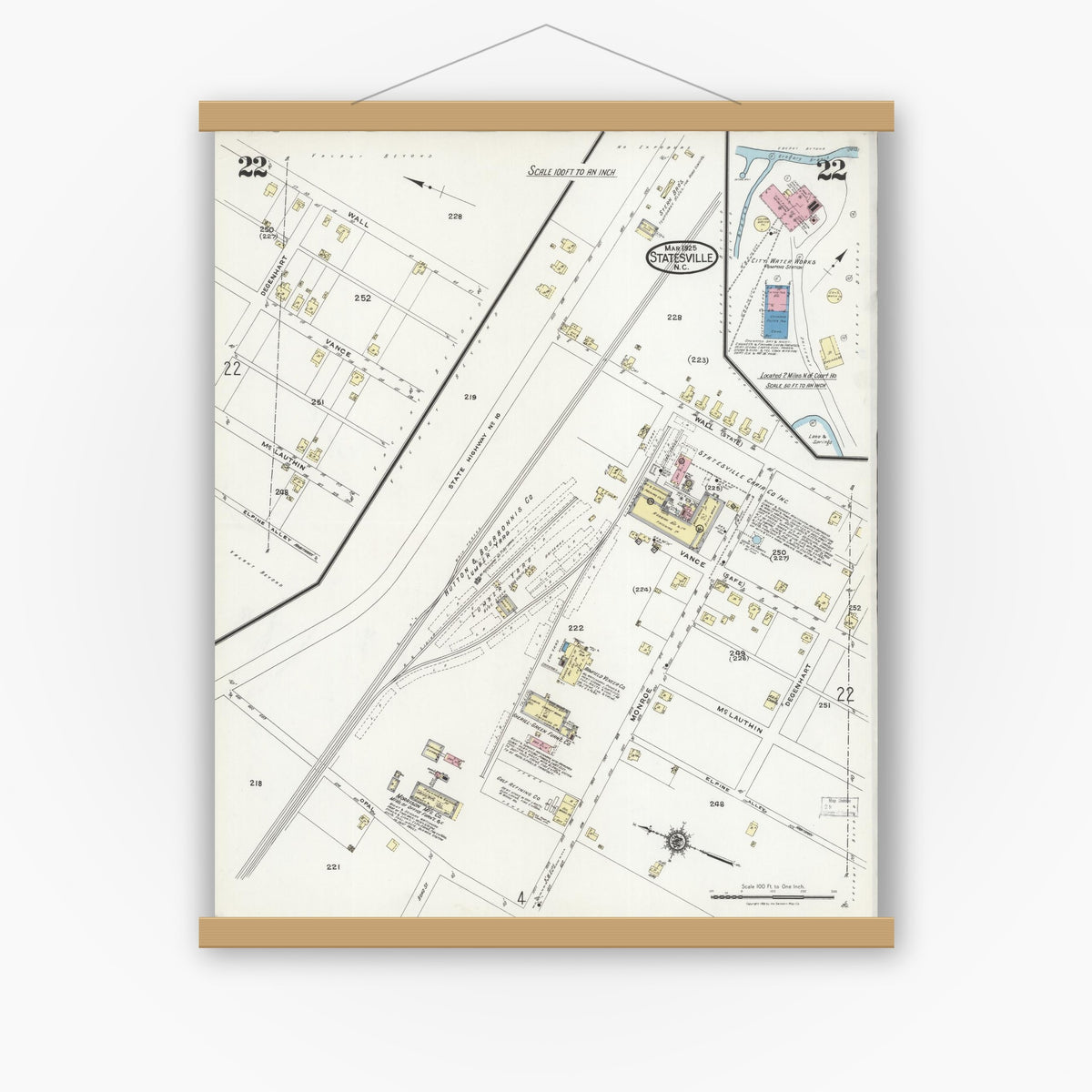 Old map wall art mockup — magnetic wood frame on white wall — Sanborn Fire Insurance Map from Statesville, Iredell County, North Carolina (1925), Sheet #0022
