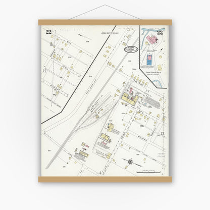 Old map wall art mockup — magnetic wood frame on white wall — Sanborn Fire Insurance Map from Statesville, Iredell County, North Carolina (1925), Sheet #0022