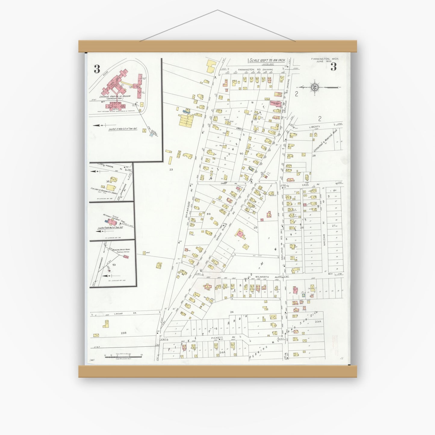Old map wall art mockup — magnetic wood frame on white wall — Sanborn Fire Insurance Map from Farmington, Oakland County, Michigan (1933), Sheet #0003
