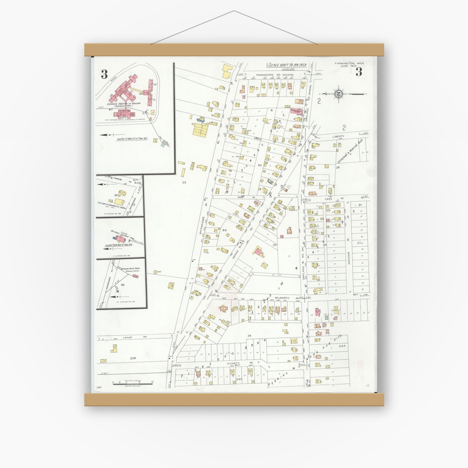 Old map wall art mockup — magnetic wood frame on white wall — Sanborn Fire Insurance Map from Farmington, Oakland County, Michigan (1933), Sheet #0003