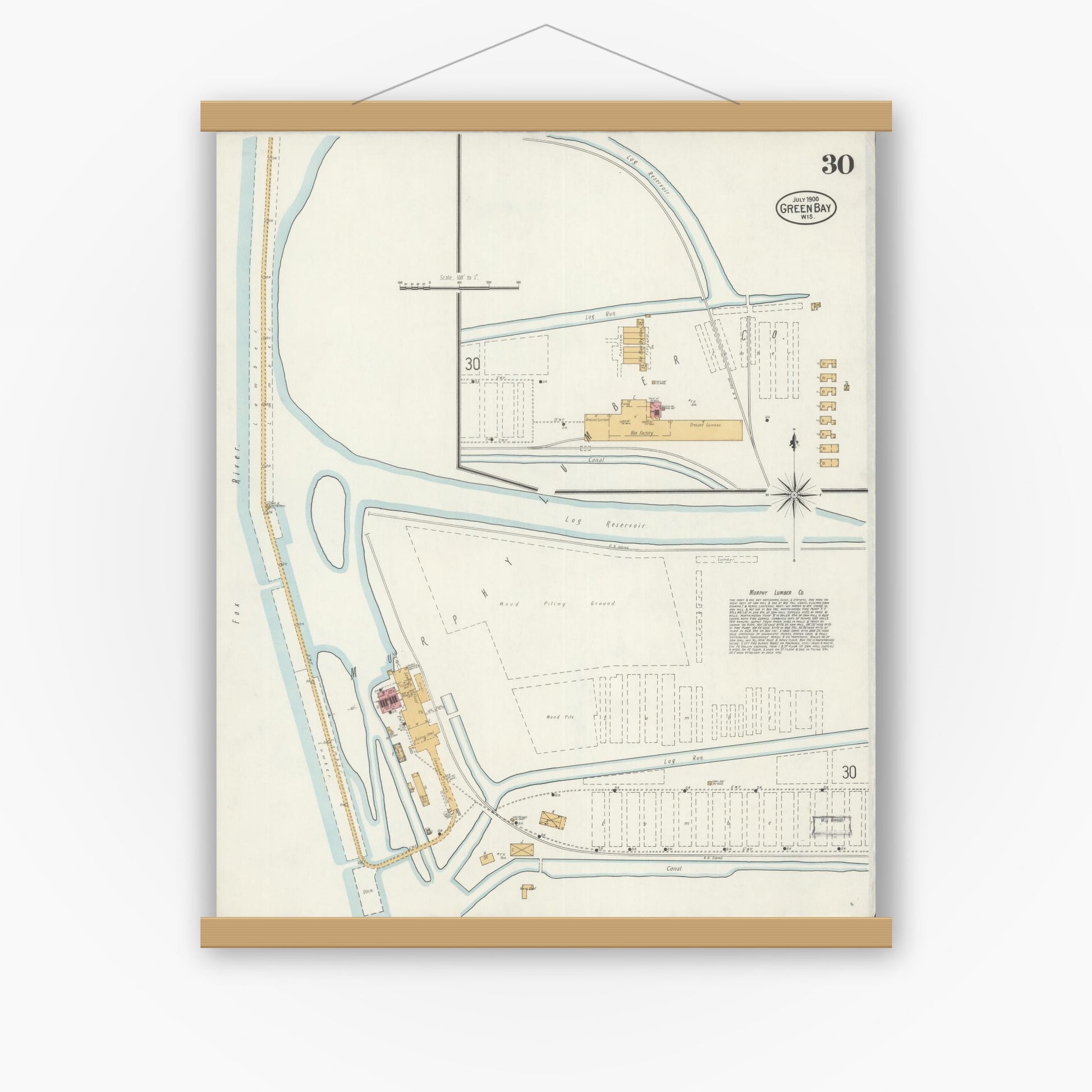 Old map wall art mockup — magnetic wood frame on white wall — Sanborn Fire Insurance Map from Green Bay, Brown County, Wisconsin (1900), Sheet #0030