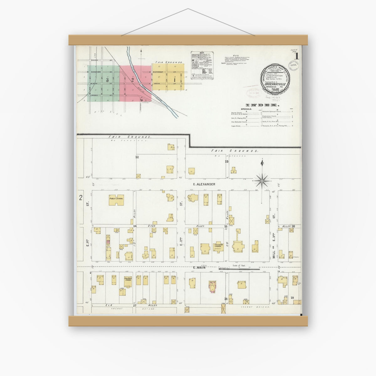 Old map wall art mockup — magnetic wood frame on white wall — Sanborn Fire Insurance Map from Brockway, Jefferson County, Pennsylvania (1899), Sheet #0001