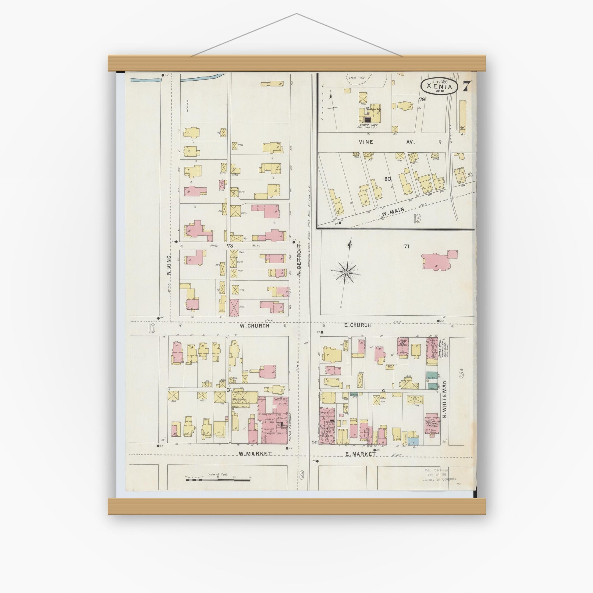 Old map wall art mockup — magnetic wood frame on white wall — Sanborn Fire Insurance Map from Xenia, Greene County, Ohio (1895), Sheet #0007