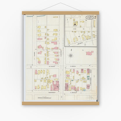 Old map wall art mockup — magnetic wood frame on white wall — Sanborn Fire Insurance Map from Xenia, Greene County, Ohio (1895), Sheet #0007