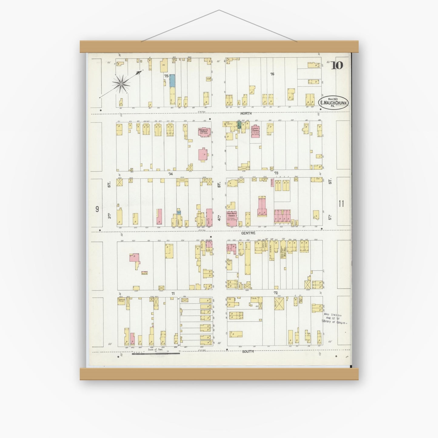 Old map wall art mockup — magnetic wood frame on white wall — Sanborn Fire Insurance Map from Mauch Chunk, Carbon County, Pennsylvania (1902), Sheet #0010