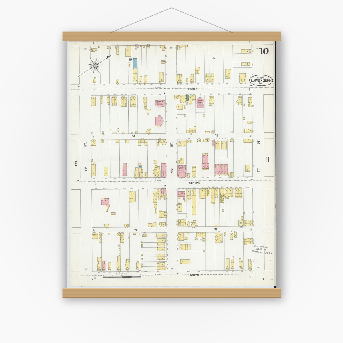 Old map wall art mockup — magnetic wood frame on white wall — Sanborn Fire Insurance Map from Mauch Chunk, Carbon County, Pennsylvania (1902), Sheet #0010
