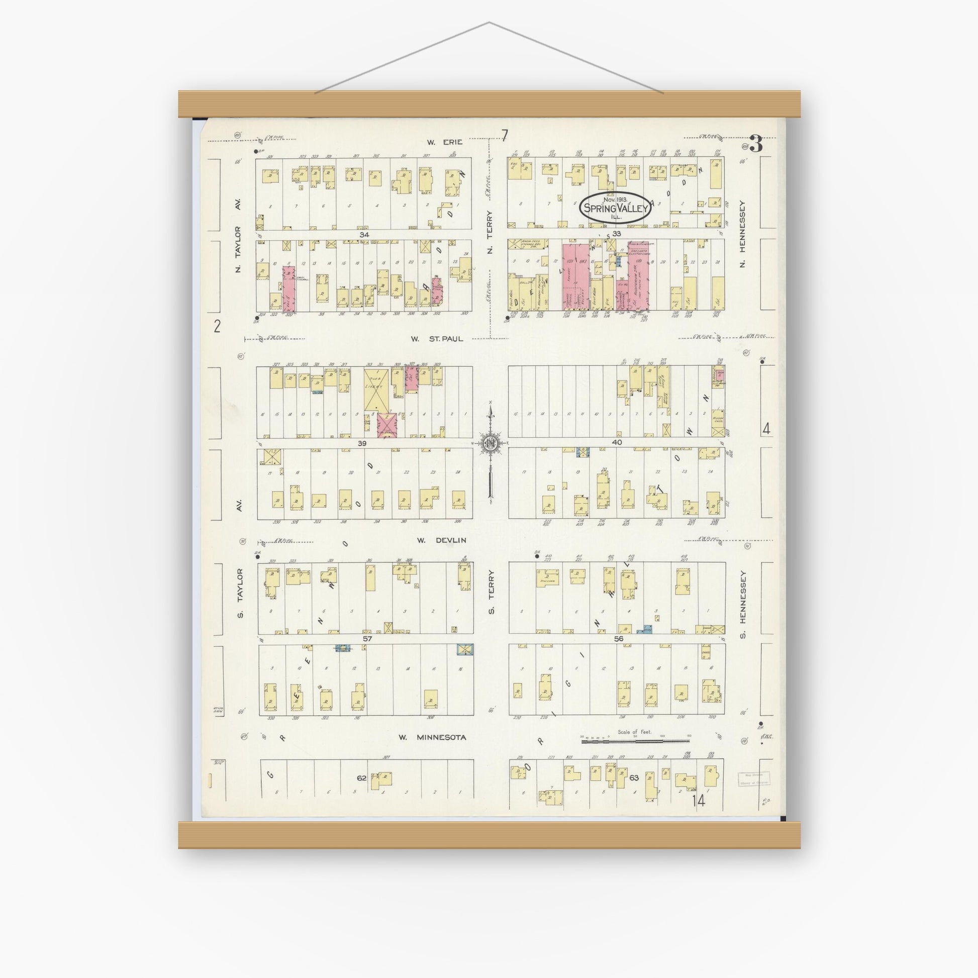 Old map wall art mockup — magnetic wood frame on white wall — Sanborn Fire Insurance Map from Spring Valley, Bureau County, Illinois (1913), Sheet #0003