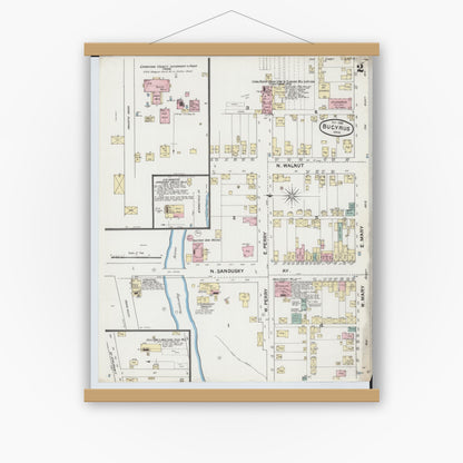 Old map wall art mockup — magnetic wood frame on white wall — Sanborn Fire Insurance Map from Bucyrus, Crawford County, Ohio (1888), Sheet #0002