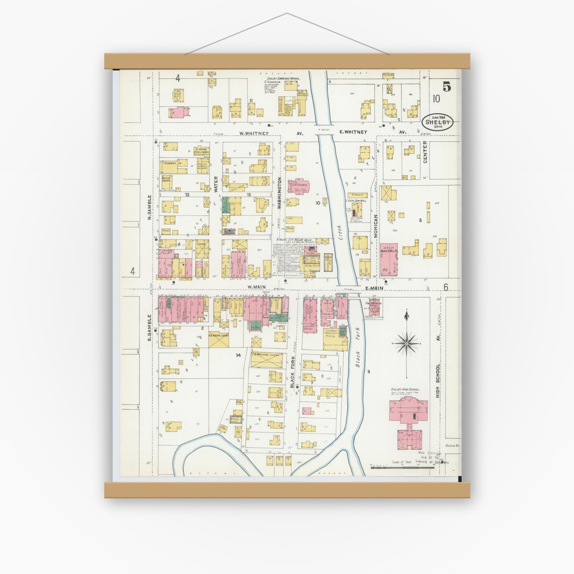 Old map wall art mockup — magnetic wood frame on white wall — Sanborn Fire Insurance Map from Shelby, Richland County, Ohio (1904), Sheet #0005