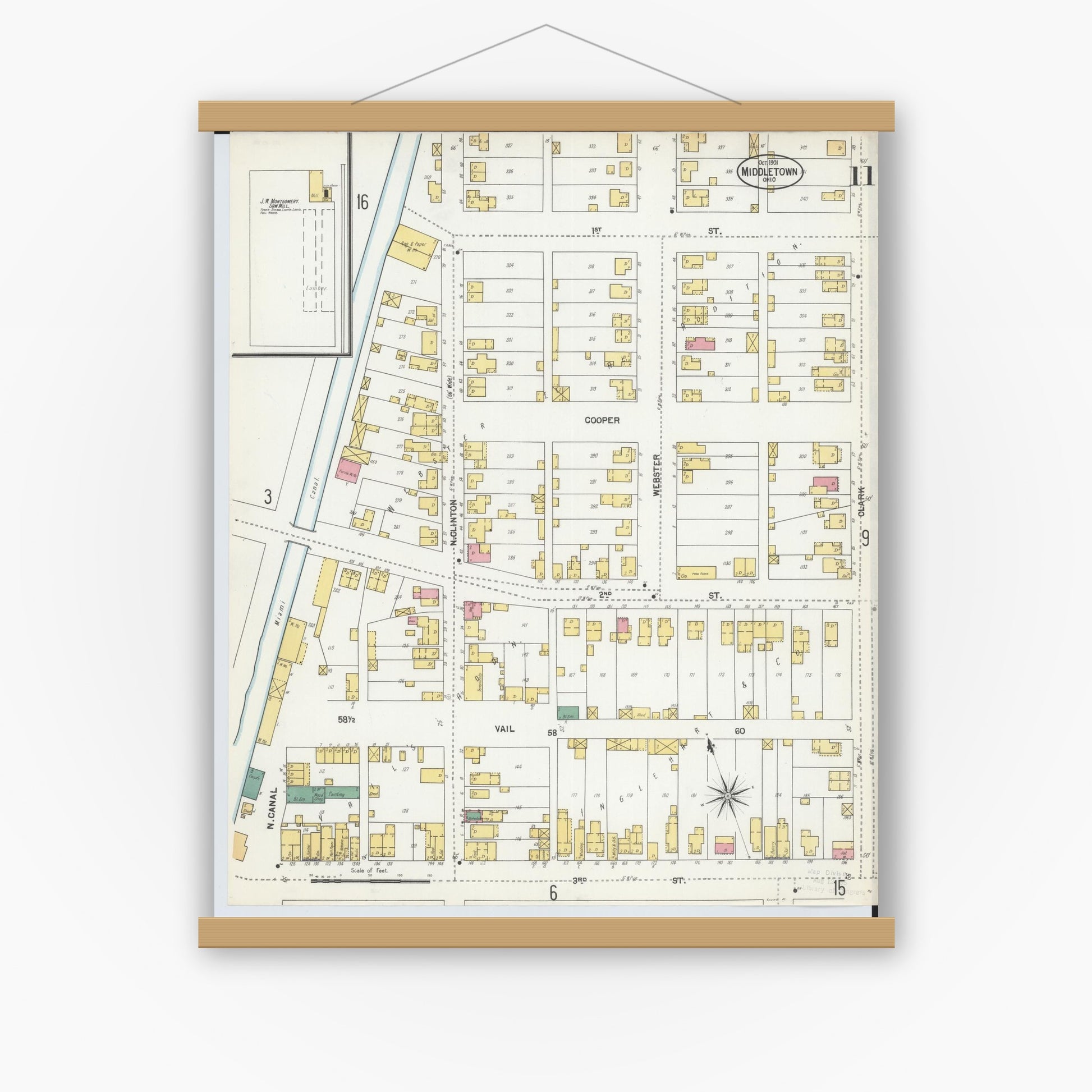 Old map wall art mockup — magnetic wood frame on white wall — Sanborn Fire Insurance Map from Middletown, Butler County, Ohio (1901), Sheet #0011