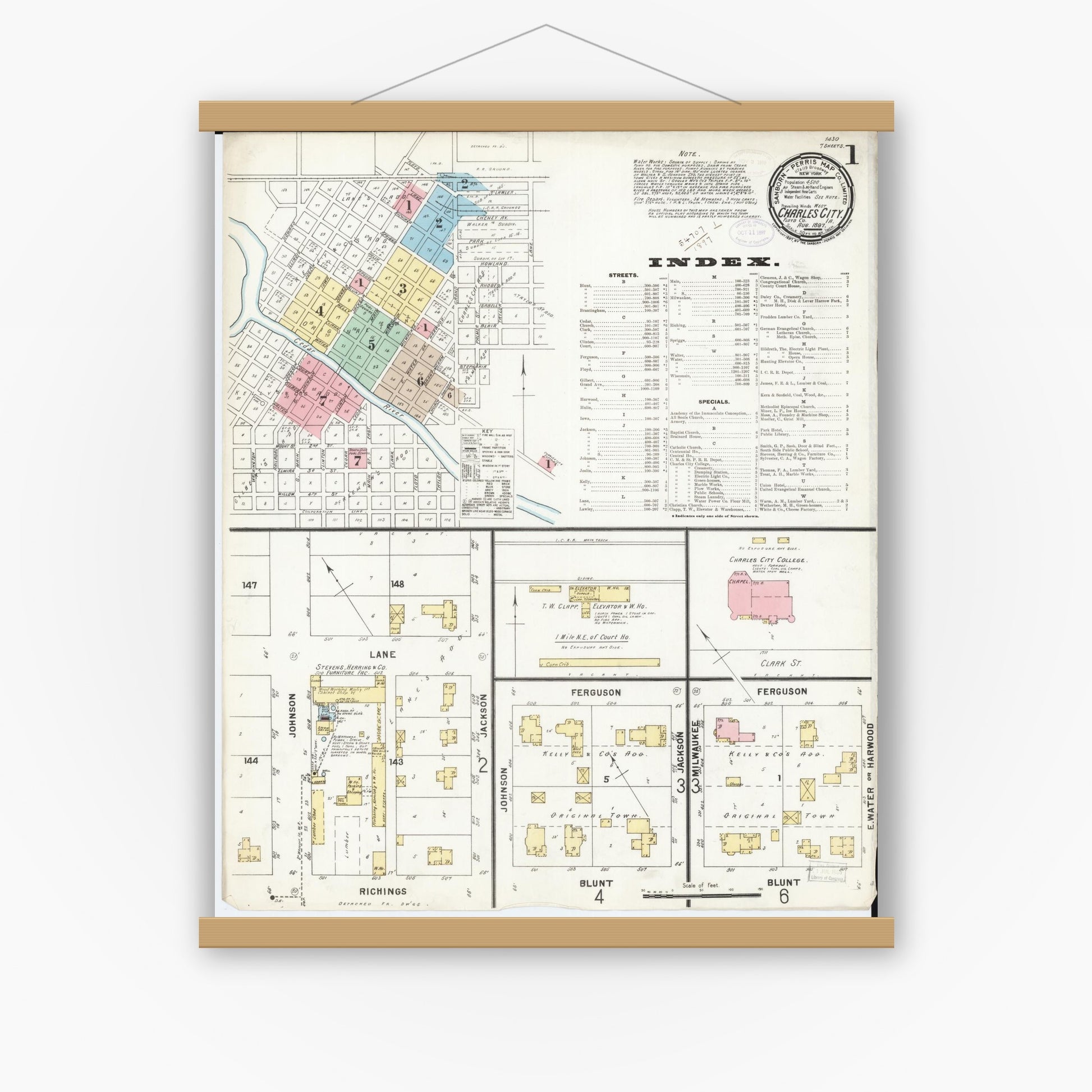 Old map wall art mockup — magnetic wood frame on white wall — Sanborn Fire Insurance Map from Charles City, Floyd County, Iowa (1897) â€” Complete Set