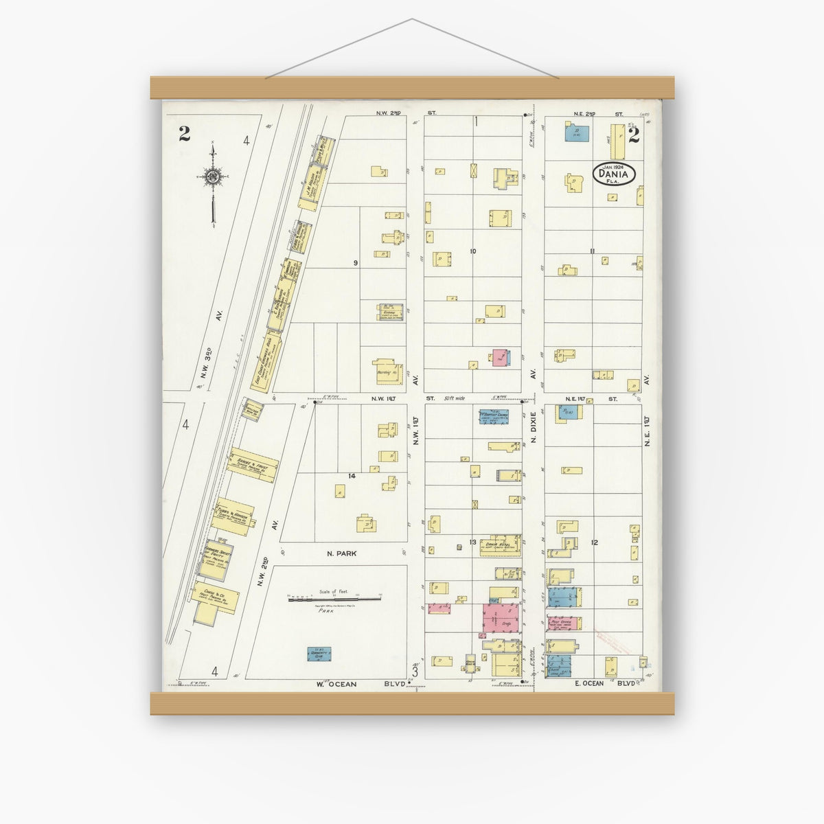 Old map wall art mockup — magnetic wood frame on white wall — Sanborn Fire Insurance Map from Dania, Broward County, Florida (1924), Sheet #0002