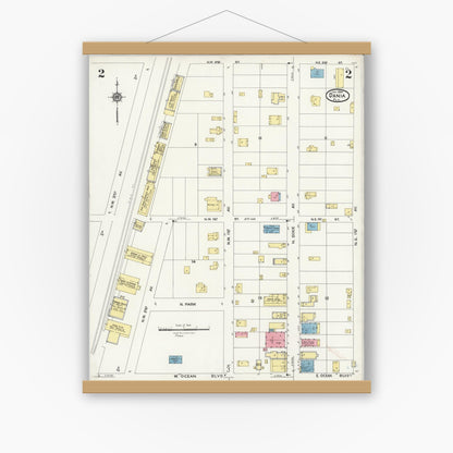 Old map wall art mockup — magnetic wood frame on white wall — Sanborn Fire Insurance Map from Dania, Broward County, Florida (1924), Sheet #0002