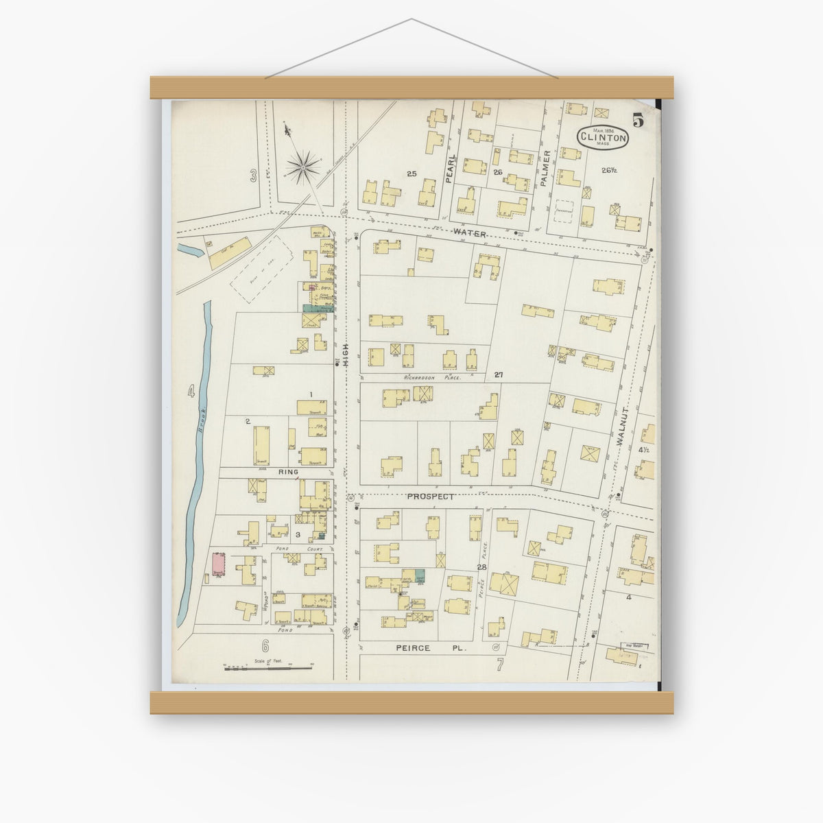 Old map wall art mockup — magnetic wood frame on white wall — Sanborn Fire Insurance Map from Clinton, Worcester County, Massachusetts (1894), Sheet #0005