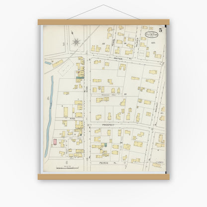 Old map wall art mockup — magnetic wood frame on white wall — Sanborn Fire Insurance Map from Clinton, Worcester County, Massachusetts (1894), Sheet #0005