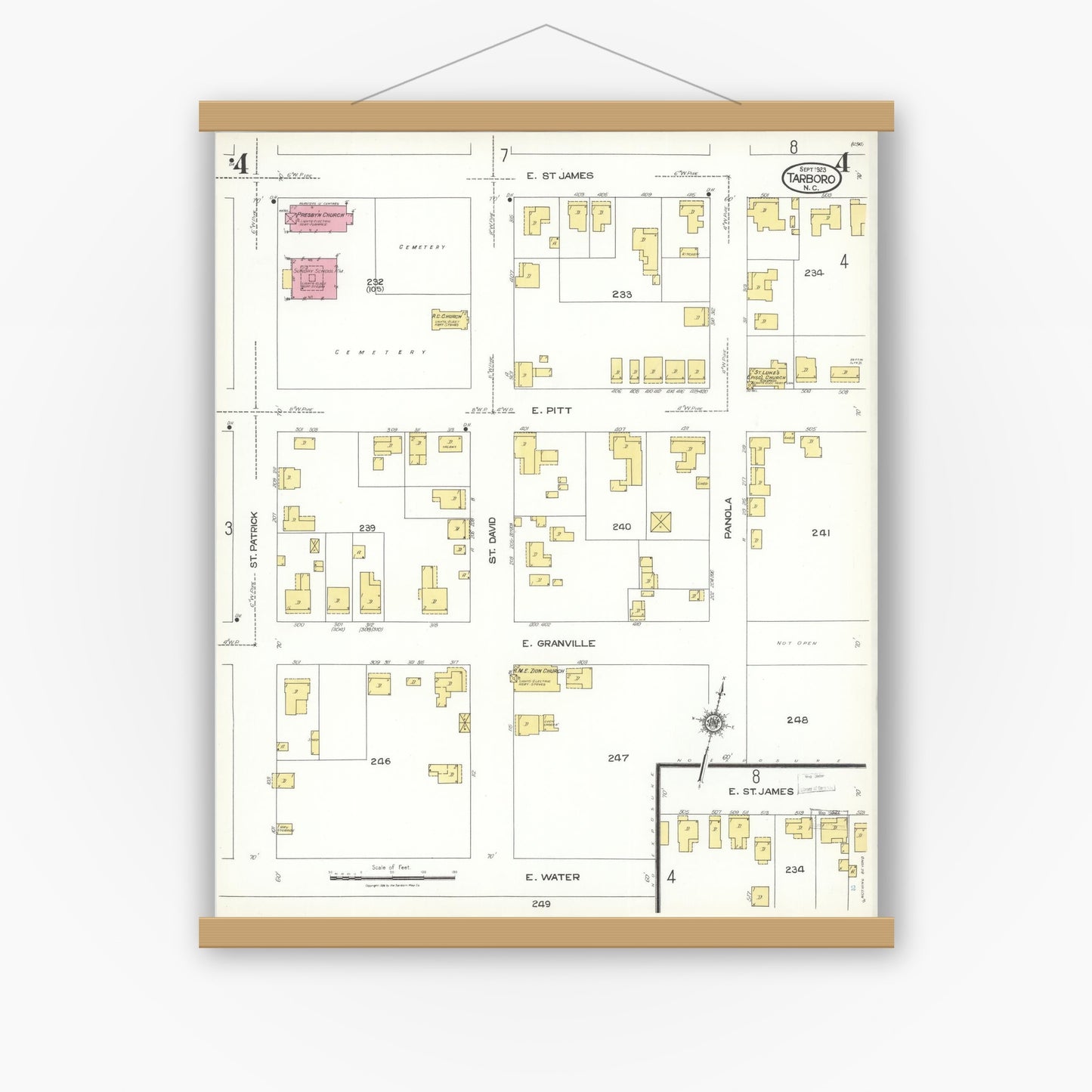 Old map wall art mockup — magnetic wood frame on white wall — Sanborn Fire Insurance Map from Tarboro, Edgecombe County, North Carolina (1923), Sheet #0004