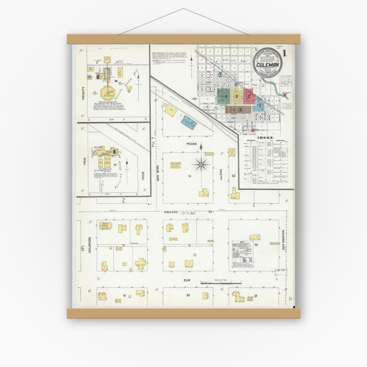 Old map wall art mockup — magnetic wood frame on white wall — Sanborn Fire Insurance Map from Coleman, Coleman County, Texas (1904), Sheet #0001
