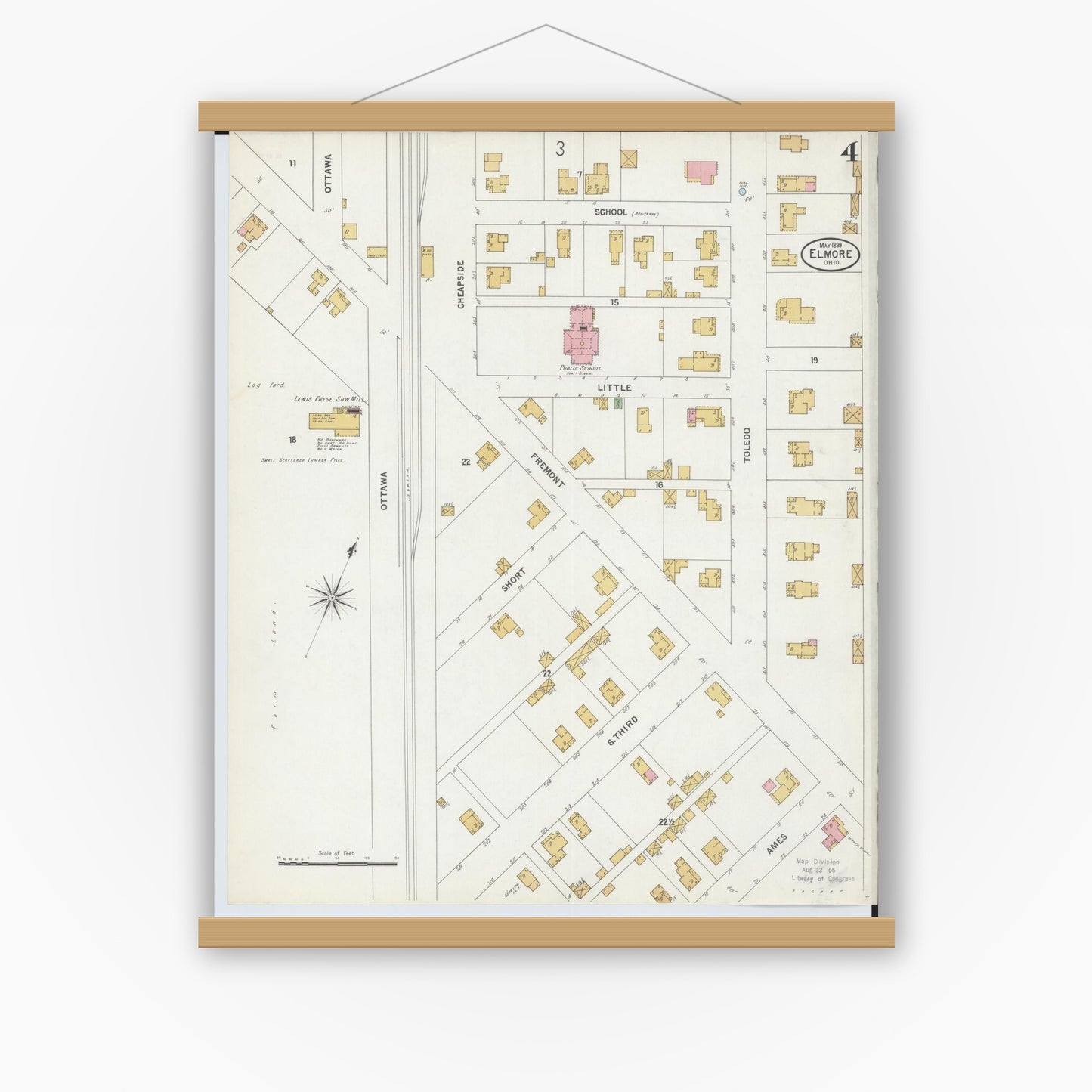 Old map wall art mockup — magnetic wood frame on white wall — Sanborn Fire Insurance Map from Elmore, Ottawa County, Ohio (1899), Sheet #0004