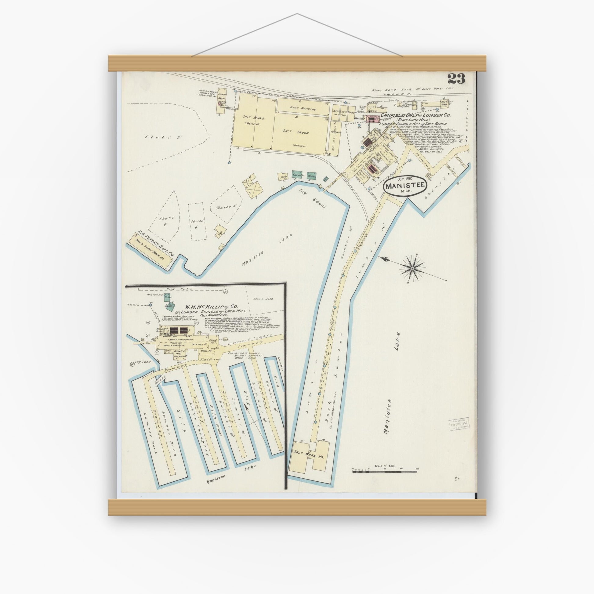 Old map wall art mockup — magnetic wood frame on white wall — Sanborn Fire Insurance Map from Manistee, Manistee County, Michigan (1890), Sheet #0023