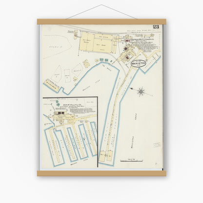 Old map wall art mockup — magnetic wood frame on white wall — Sanborn Fire Insurance Map from Manistee, Manistee County, Michigan (1890), Sheet #0023