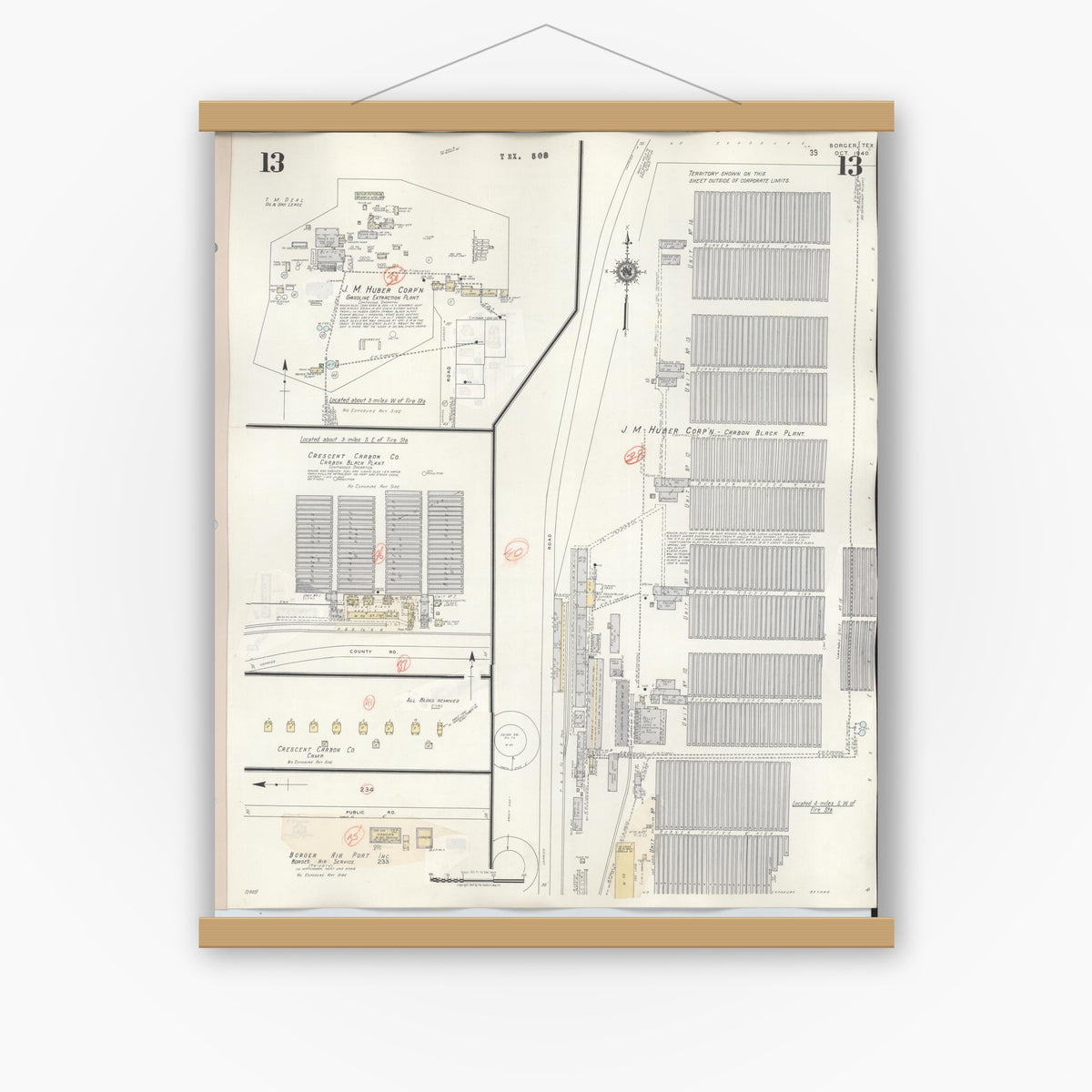 Old map wall art mockup — magnetic wood frame on white wall — Sanborn Fire Insurance Map from Borger, Hutchinson County, Texas (1950), Sheet #0013