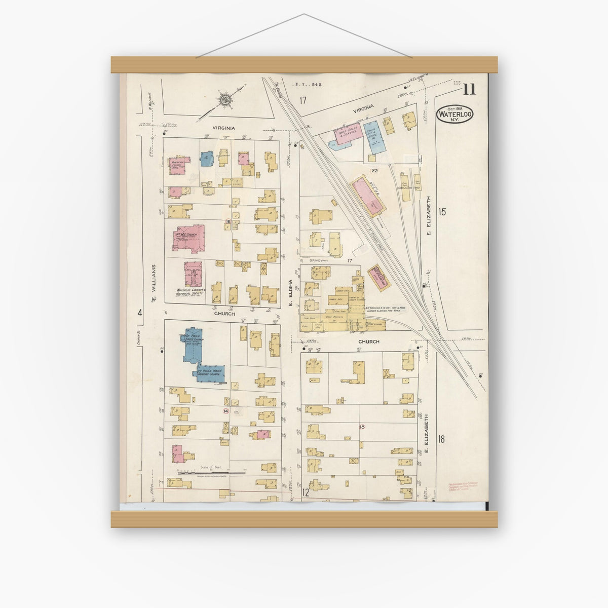 Old map wall art mockup — magnetic wood frame on white wall — Sanborn Fire Insurance Map from Waterloo, Seneca County, New York (1948), Sheet #0011