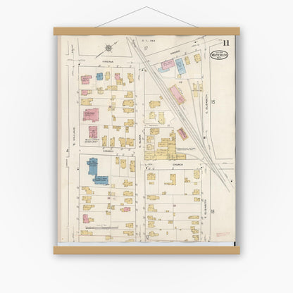 Old map wall art mockup — magnetic wood frame on white wall — Sanborn Fire Insurance Map from Waterloo, Seneca County, New York (1948), Sheet #0011