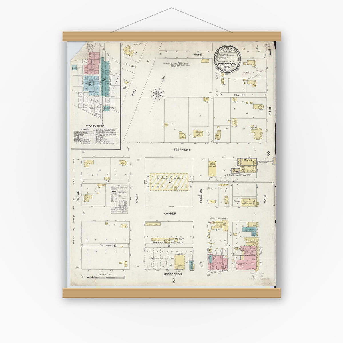 Old map wall art mockup — magnetic wood frame on white wall — Sanborn Fire Insurance Map from Van Alstyne, Grayson County, Texas (1896), Sheet #0001