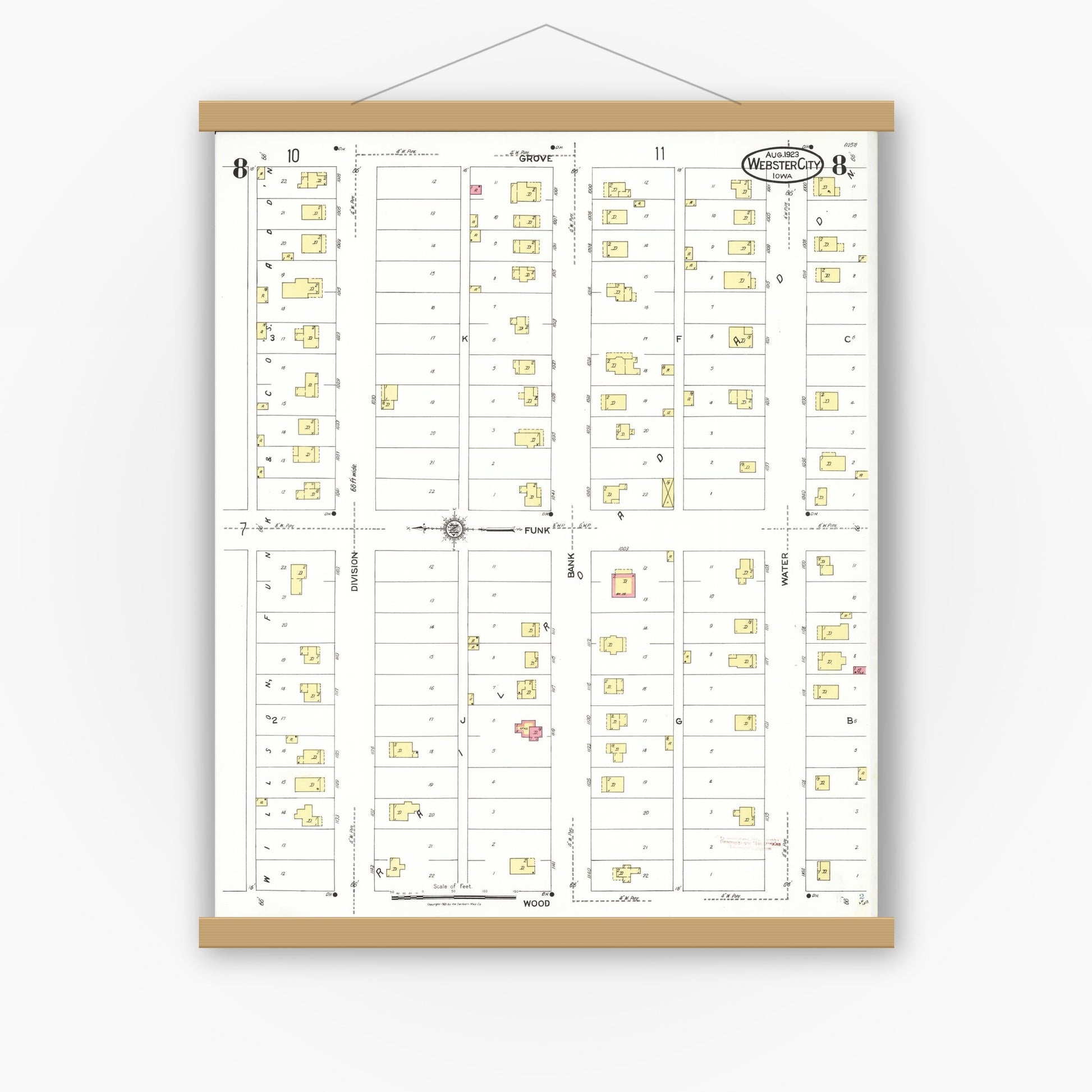 Old map wall art mockup — magnetic wood frame on white wall — Sanborn Fire Insurance Map from Webster City, Hamilton County, Iowa (1923), Sheet #0008