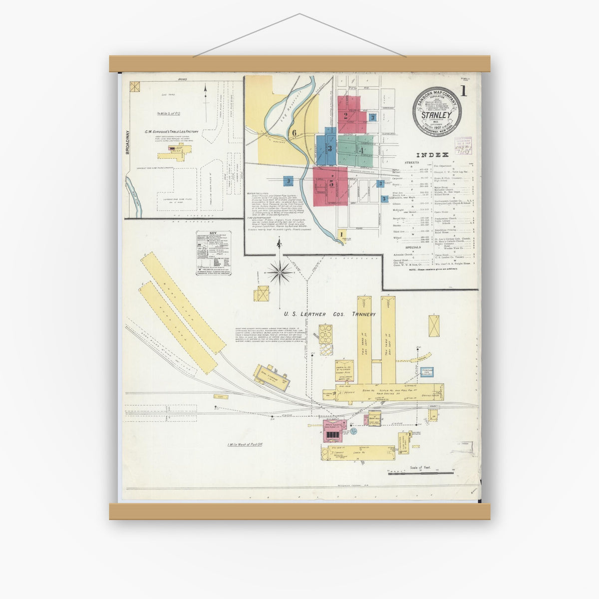 Old map wall art mockup — magnetic wood frame on white wall — Sanborn Fire Insurance Map from Stanley, Chippewa County, Wisconsin (1907), Sheet #0001