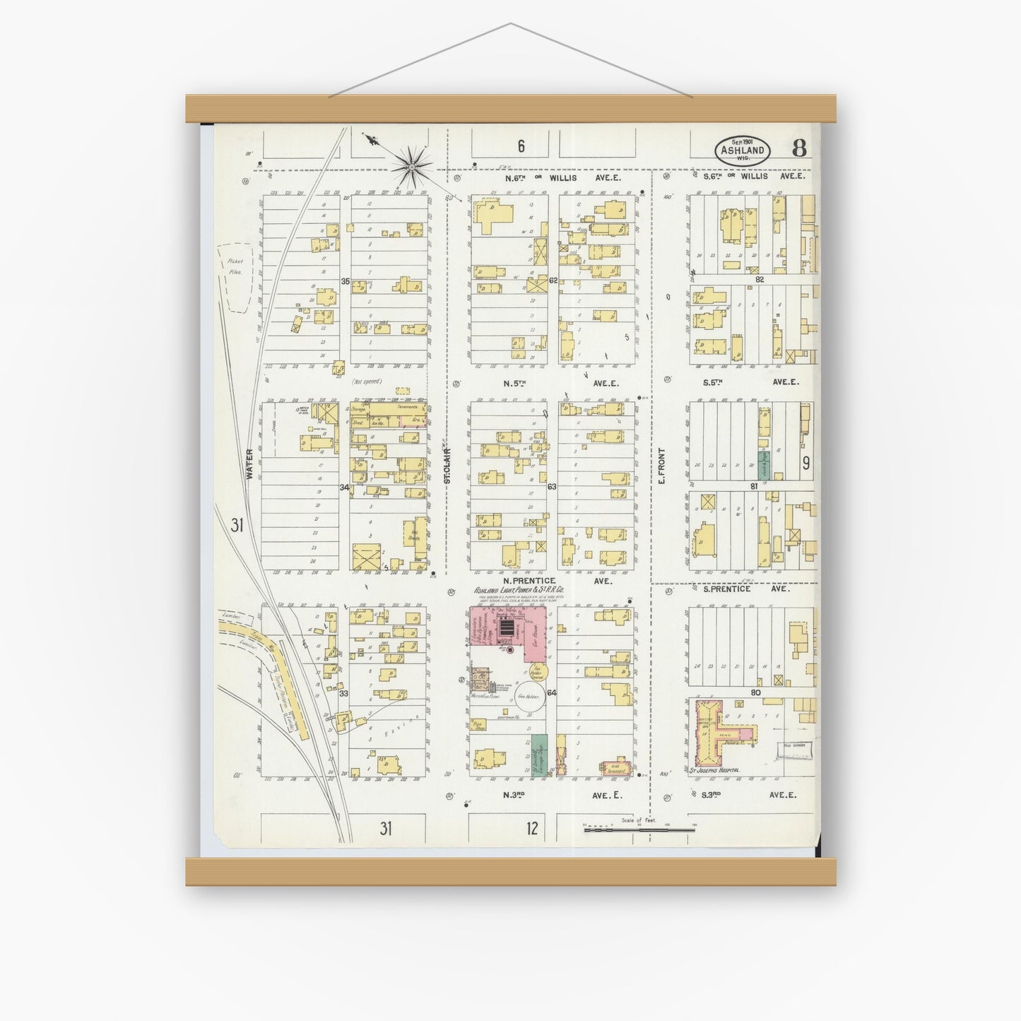 Old map wall art mockup — magnetic wood frame on white wall — Sanborn Fire Insurance Map from Ashland, Ashland County, Wisconsin (1901), Sheet #0008