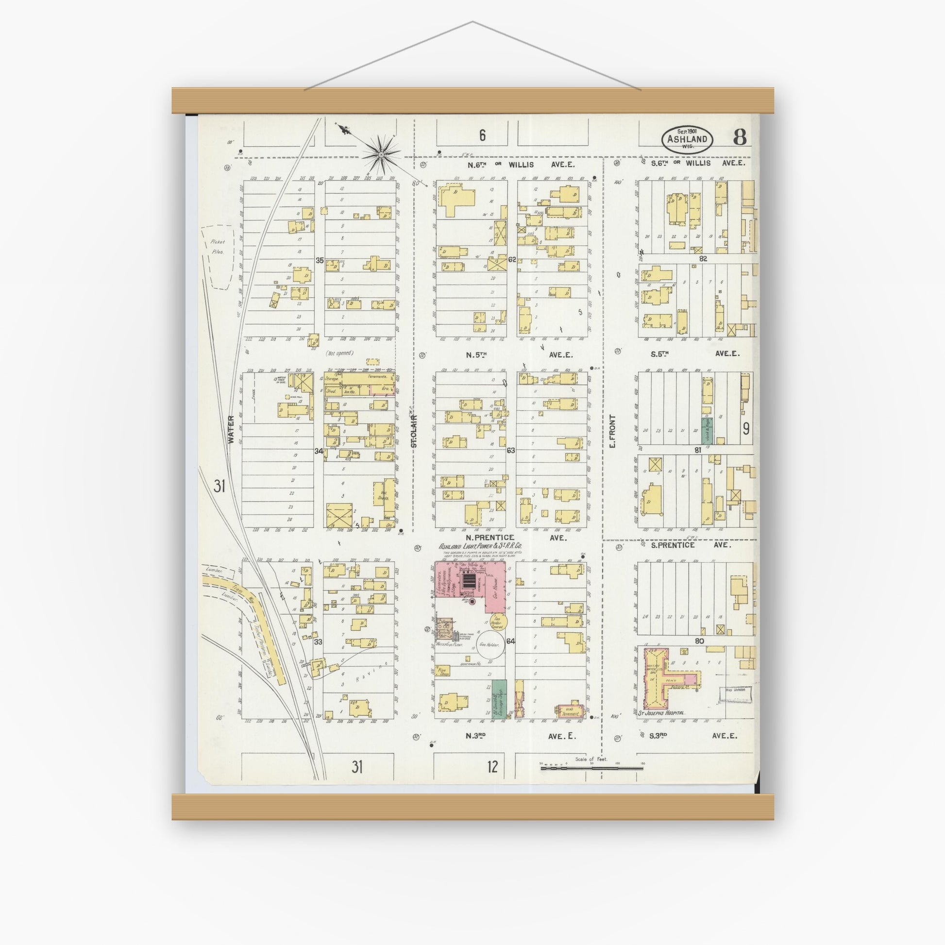 Old map wall art mockup — magnetic wood frame on white wall — Sanborn Fire Insurance Map from Ashland, Ashland County, Wisconsin (1901), Sheet #0008