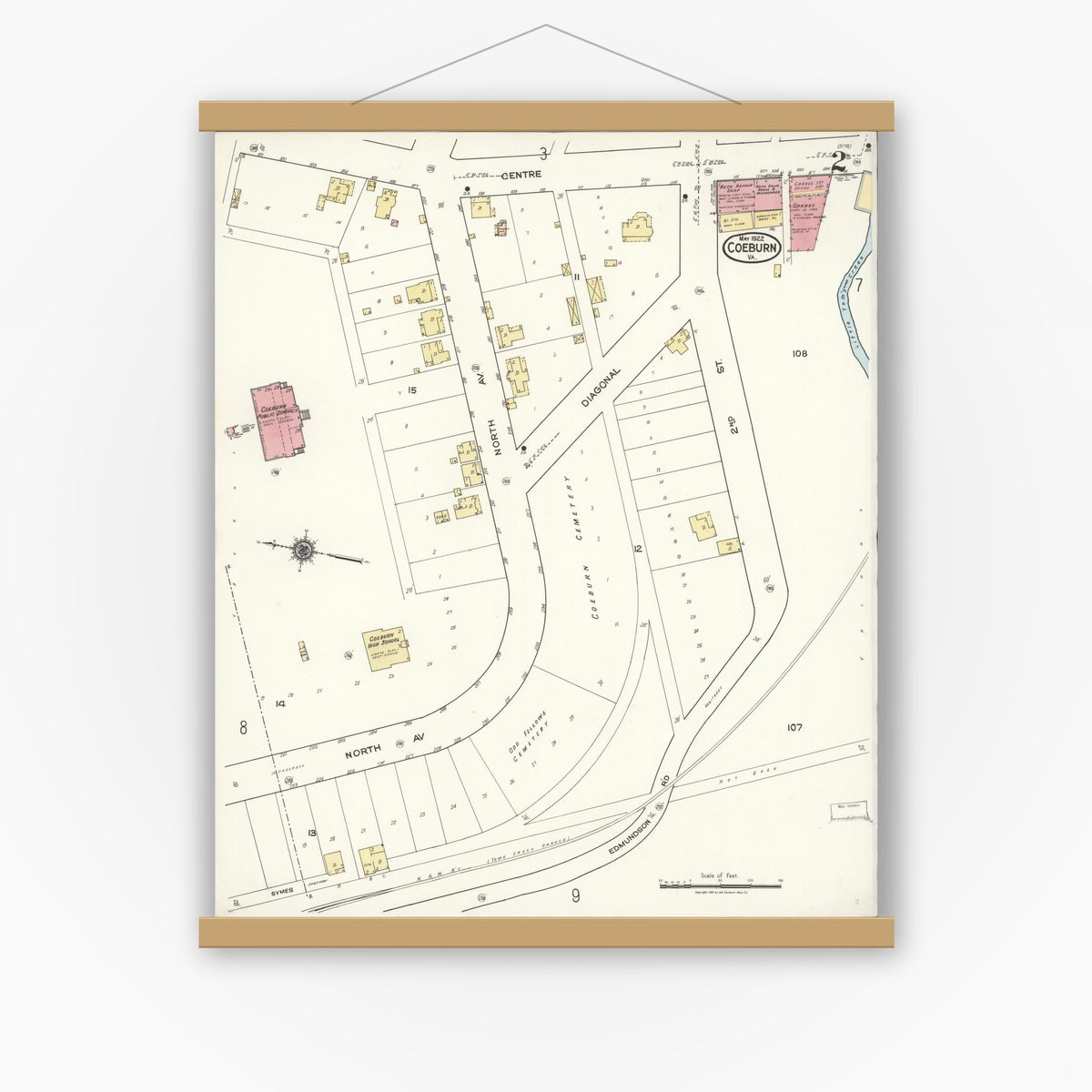 Old map wall art mockup — magnetic wood frame on white wall — Sanborn Fire Insurance Map from Coeburn, Wise County, Virginia (1922), Sheet #0002