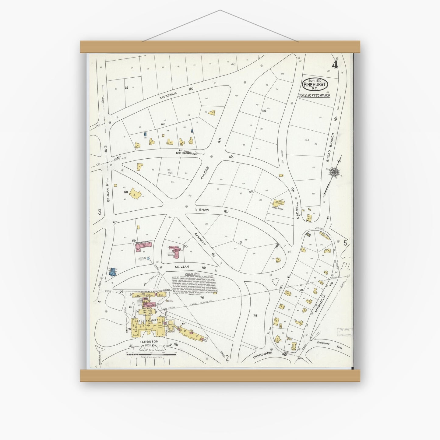 Old map wall art mockup — magnetic wood frame on white wall — Sanborn Fire Insurance Map from Pinehurst, Moore County, North Carolina (1920), Sheet #0004