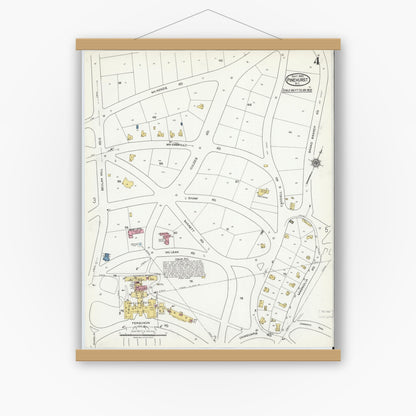 Old map wall art mockup — magnetic wood frame on white wall — Sanborn Fire Insurance Map from Pinehurst, Moore County, North Carolina (1920), Sheet #0004
