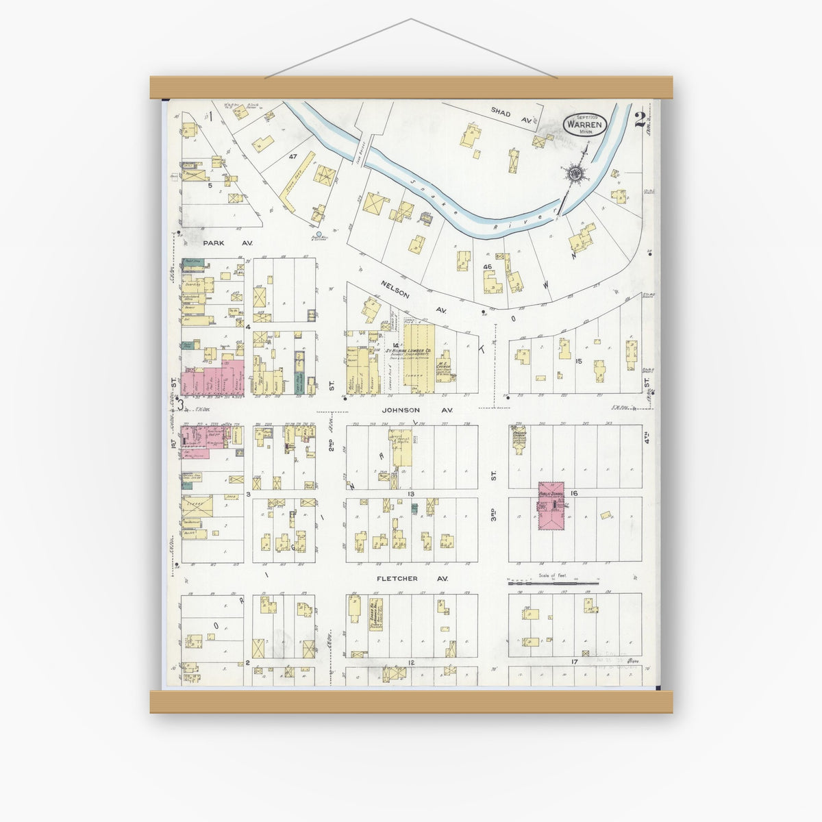 Old map wall art mockup — magnetic wood frame on white wall — Sanborn Fire Insurance Map from Warren, Marshall County, Minnesota (1909), Sheet #0002