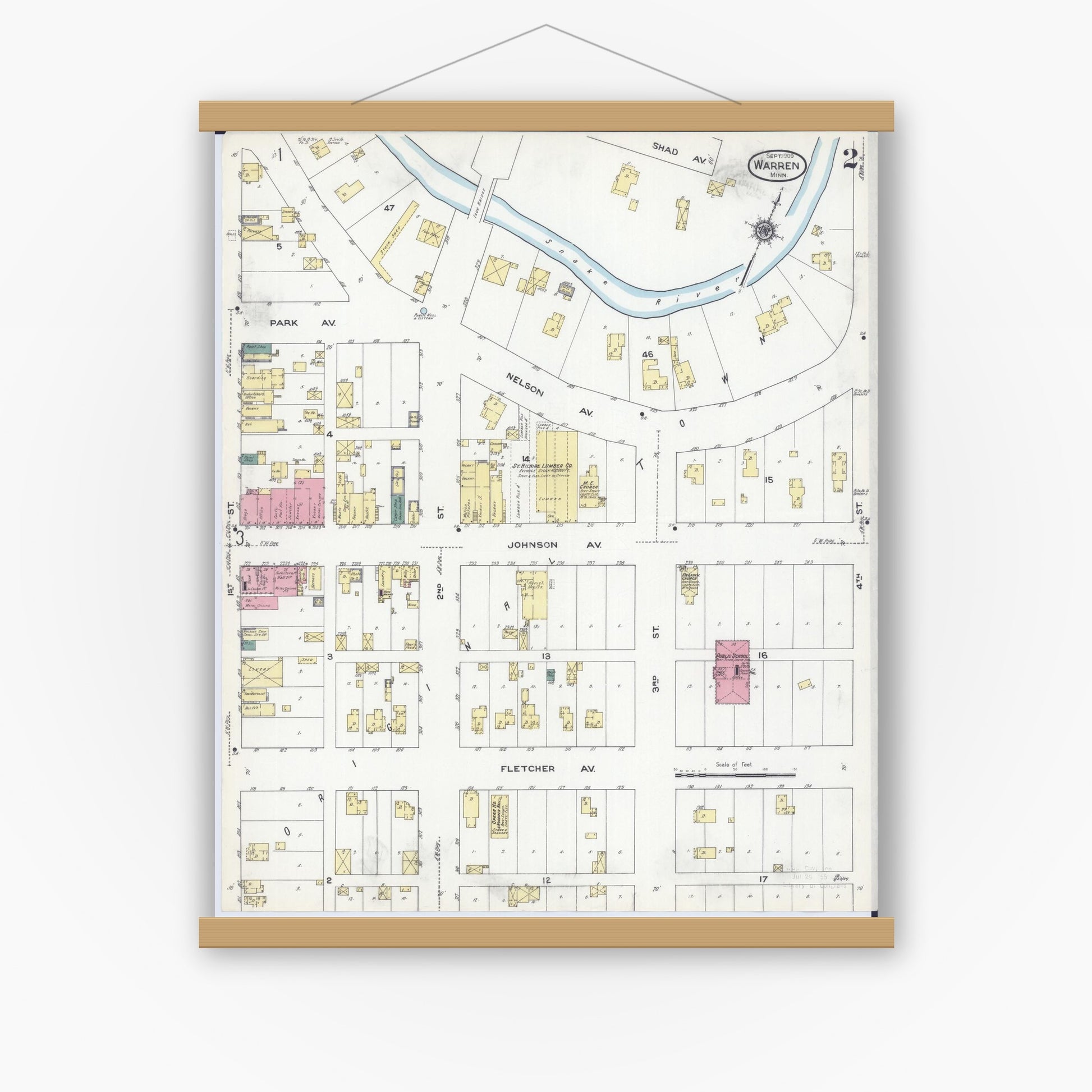 Old map wall art mockup — magnetic wood frame on white wall — Sanborn Fire Insurance Map from Warren, Marshall County, Minnesota (1909), Sheet #0002