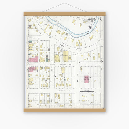 Old map wall art mockup — magnetic wood frame on white wall — Sanborn Fire Insurance Map from Warren, Marshall County, Minnesota (1909), Sheet #0002
