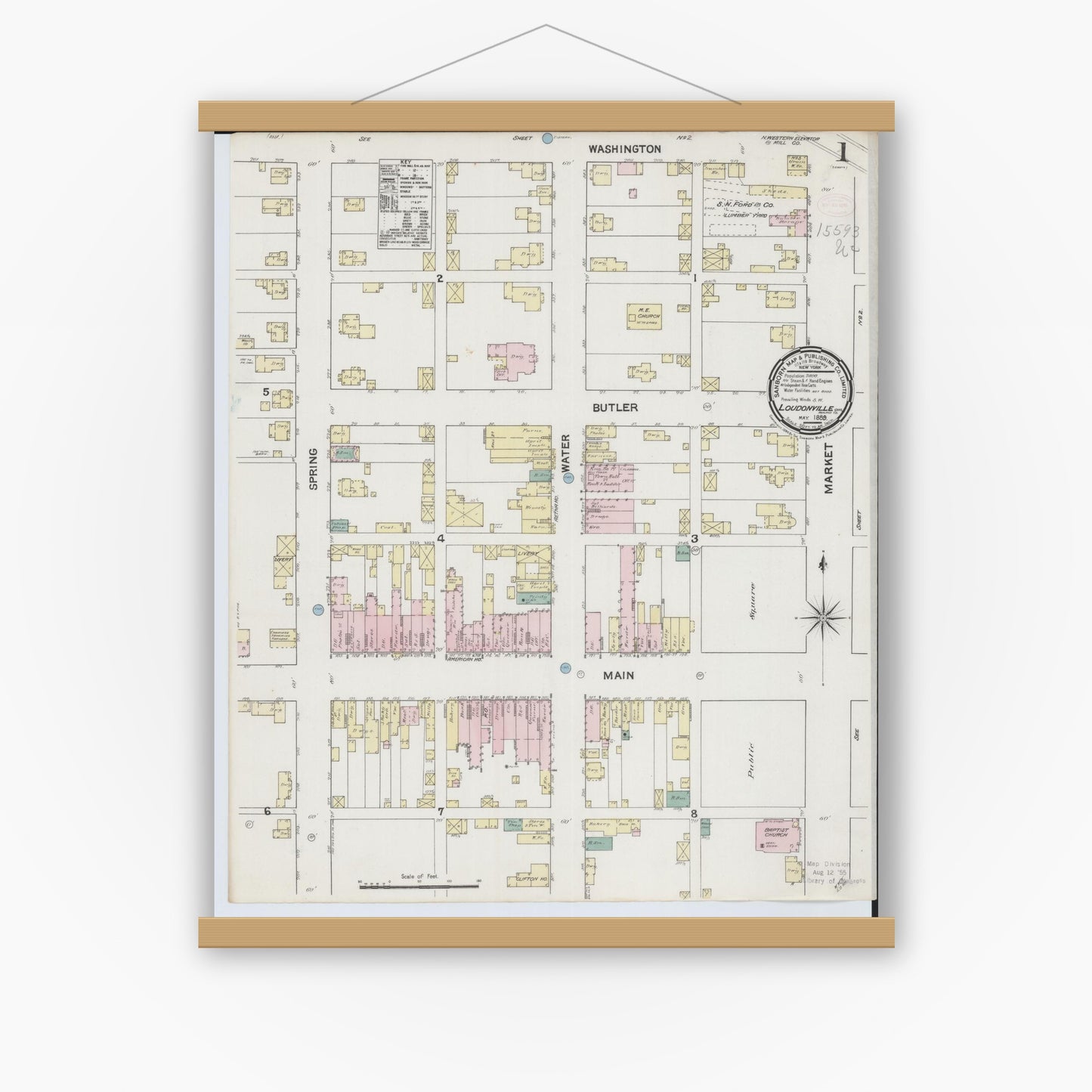 Old map wall art mockup — magnetic wood frame on white wall — Sanborn Fire Insurance Map from Loudonville, Ashland County, Ohio (1889), Sheet #0001