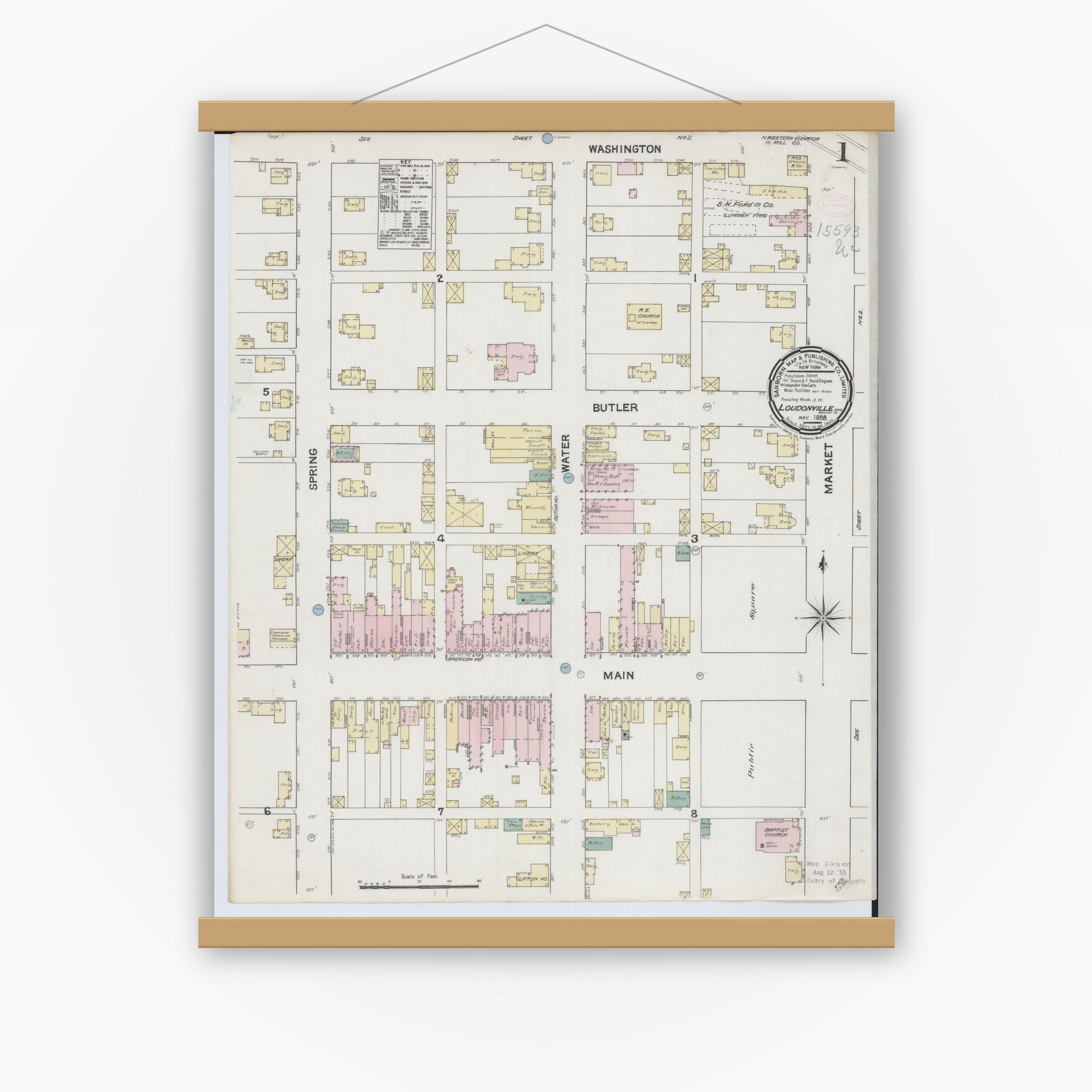 Old map wall art mockup — magnetic wood frame on white wall — Sanborn Fire Insurance Map from Loudonville, Ashland County, Ohio (1889), Sheet #0001