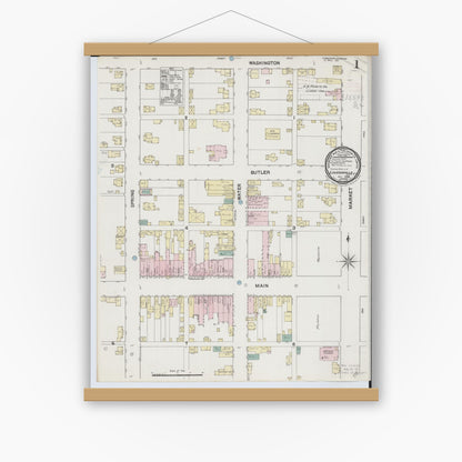 Old map wall art mockup — magnetic wood frame on white wall — Sanborn Fire Insurance Map from Loudonville, Ashland County, Ohio (1889), Sheet #0001