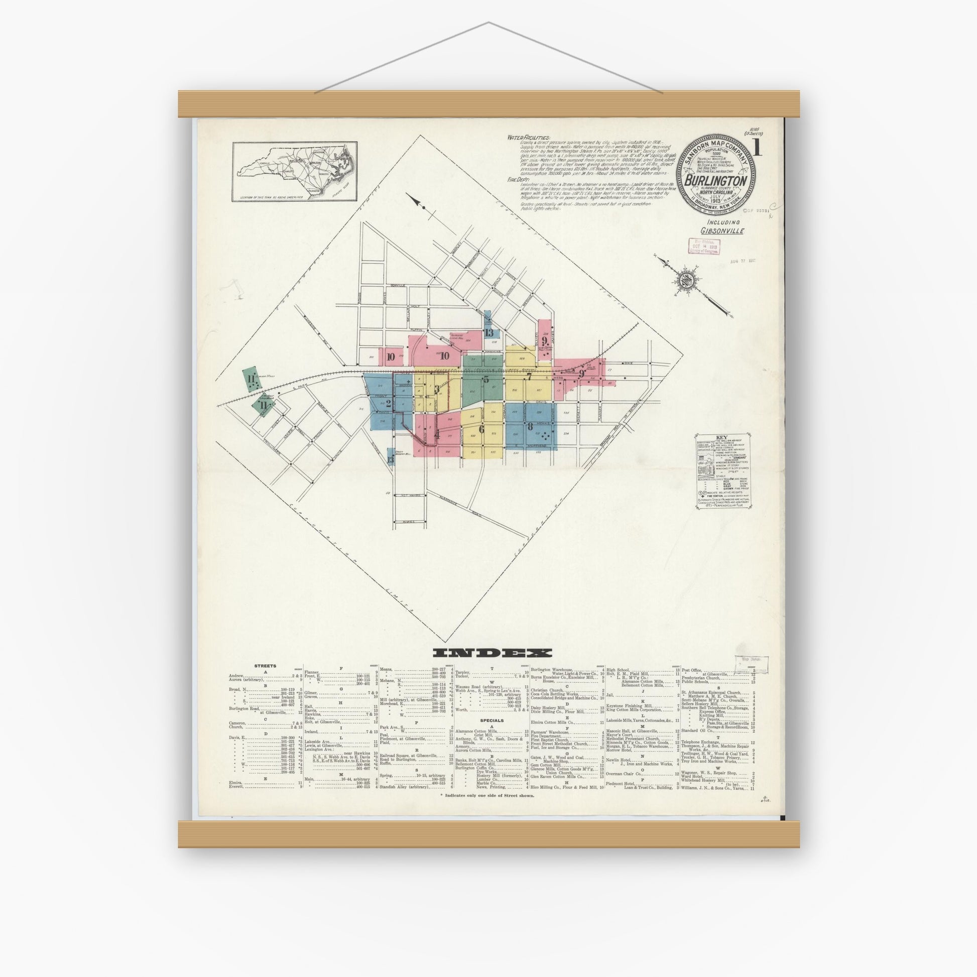 Old map wall art mockup — magnetic wood frame on white wall — Sanborn Fire Insurance Map from Burlington, Alamance County, North Carolina (1913) - Complete Map Set