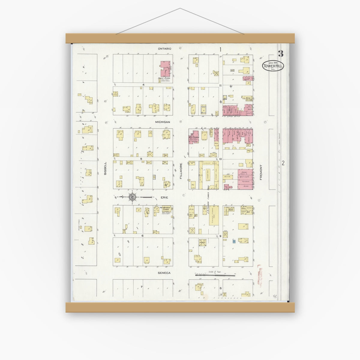 Old map wall art mockup — magnetic wood frame on white wall — Sanborn Fire Insurance Map from Tower Hill, Shelby County, Illinois (1914), Sheet #0003