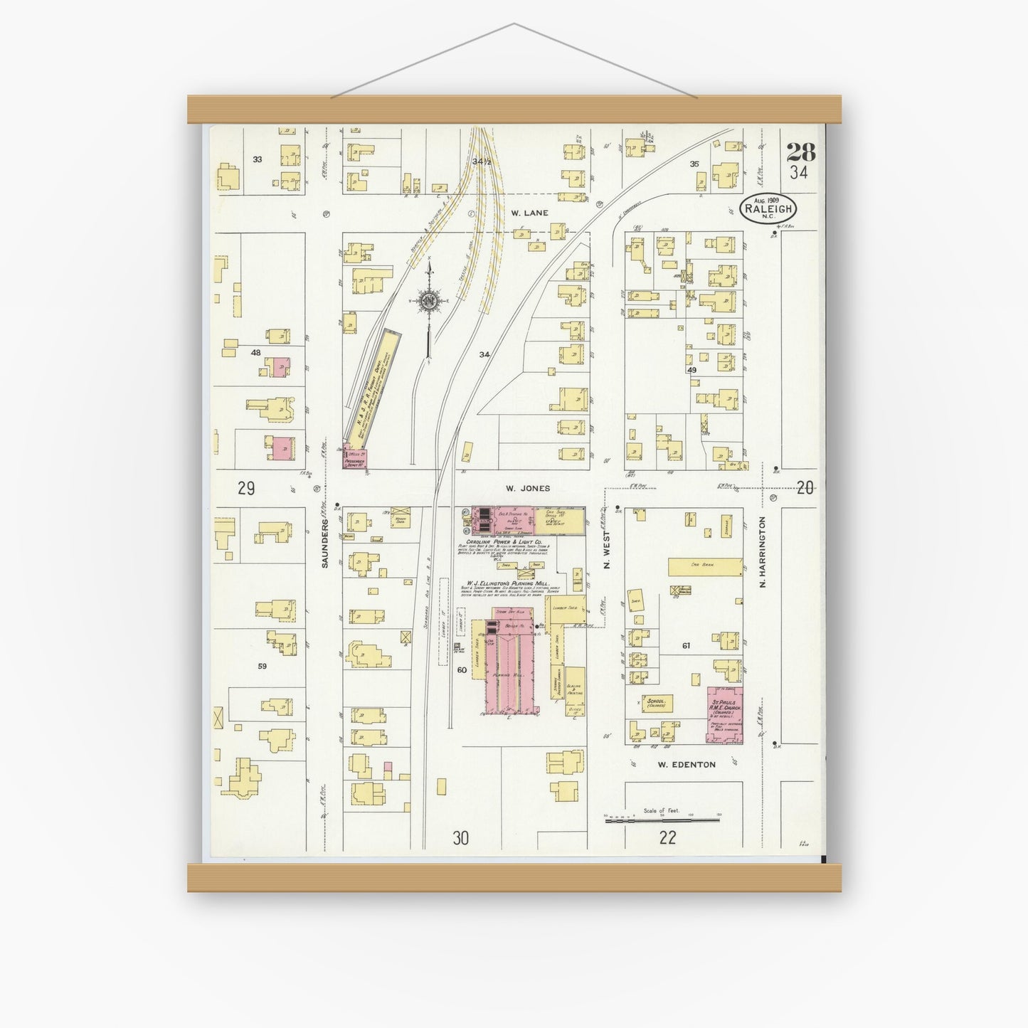 Old map wall art mockup — magnetic wood frame on white wall — Sanborn Fire Insurance Map from Raleigh, Wake County, North Carolina (1909), Sheet #0028