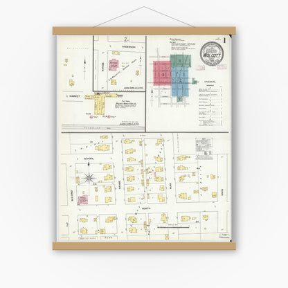 Old map wall art mockup — magnetic wood frame on white wall — Sanborn Fire Insurance Map from Wolcott, White County, Indiana (1909) - Complete Map Set