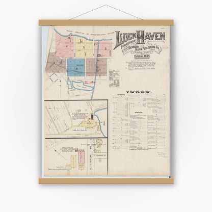 Old map wall art mockup — magnetic wood frame on white wall — Sanborn Fire Insurance Map from Lock Haven, Clinton County, Pennsylvania (1885), Sheet #0001